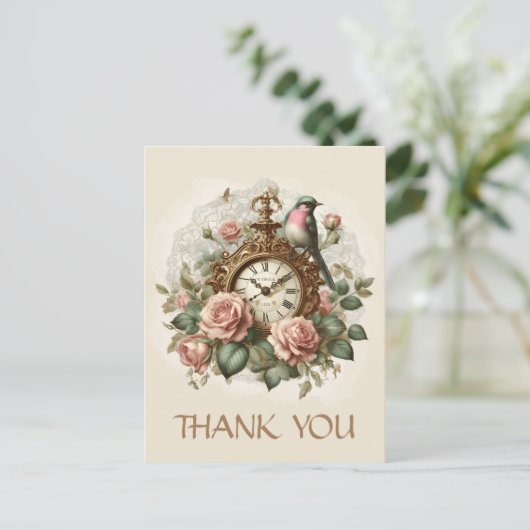 Dank u Elegant Bloemen Roos Antiek Klokvogel Briefkaart (Staand voorkant)