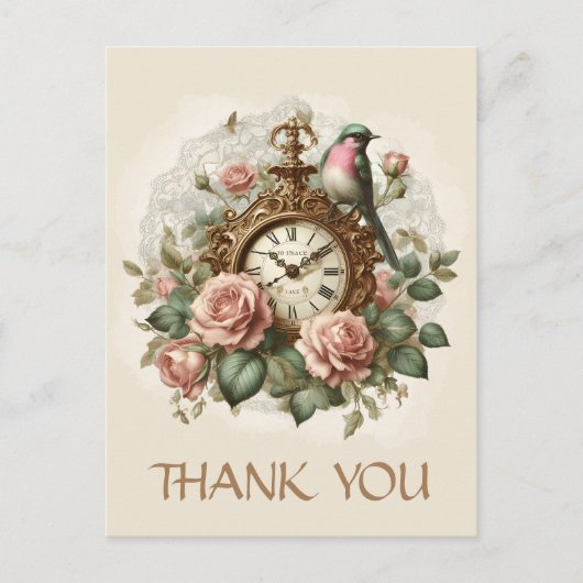 Dank u Elegant Bloemen Roos Antiek Klokvogel Briefkaart (Voorkant)