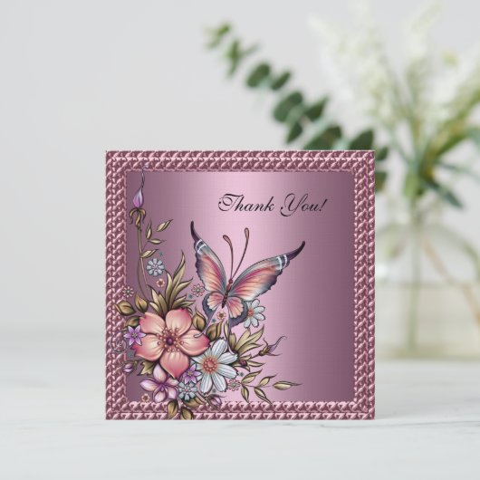 Dank u Elegant Floral Butterfly Pink Bedankkaart (Staand voorkant)