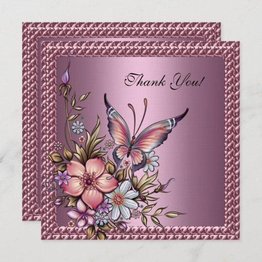 Dank u Elegant Floral Butterfly Pink Bedankkaart (Voorkant / Achterkant)