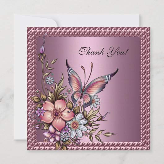 Dank u Elegant Floral Butterfly Pink Bedankkaart (Voorkant)