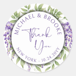 Dank u Elegant Paarse Bloemen Script Bruiloft Ronde Sticker