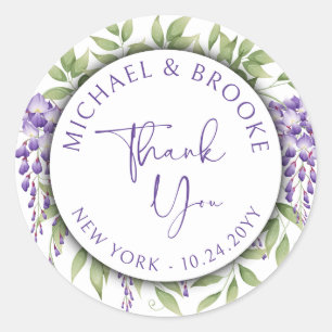 Dank u Elegant Paarse Bloemen Script Bruiloft Ronde Sticker