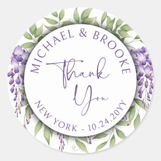 Dank u Elegant Paarse Bloemen Script Bruiloft Ronde Sticker (Voorkant)