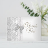 Dank u Elegant Trouwdamast Wit Zilveren Boog Bedankkaart (Staand voorkant)