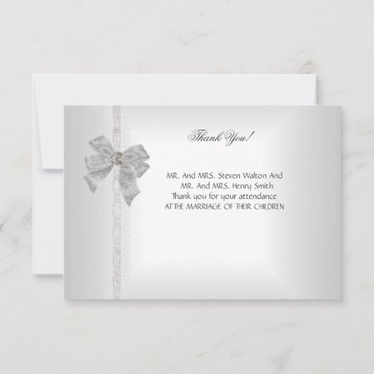 Dank u Elegant Trouwdamast Wit Zilveren Boog Bedankkaart (Achterkant)
