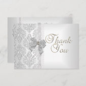 Dank u Elegant Trouwdamast Wit Zilveren Boog Bedankkaart (Voorkant / Achterkant)