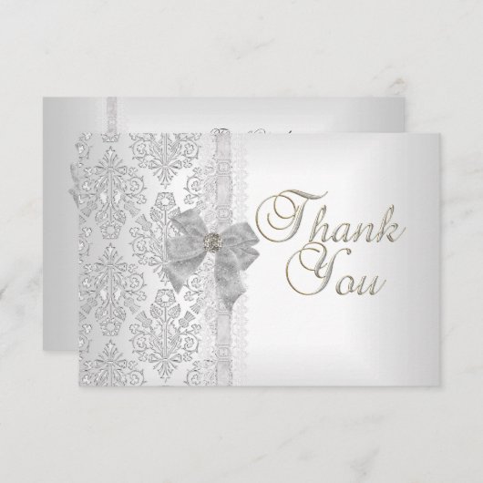 Dank u Elegant Trouwdamast Wit Zilveren Boog Bedankkaart (Voorkant / Achterkant)