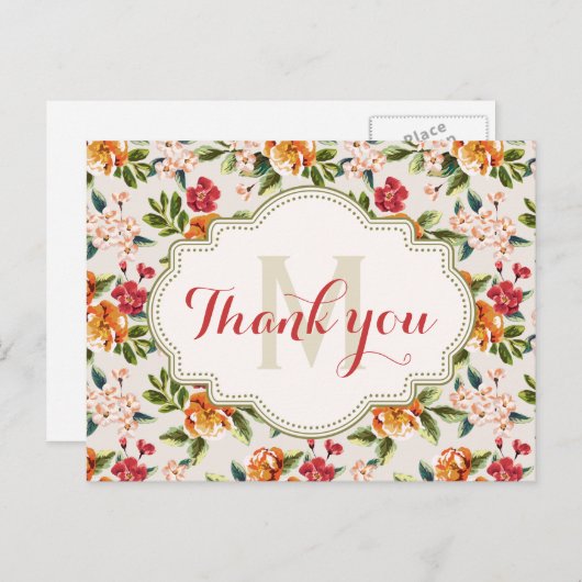 Dank u - Elegante Mooie Bloemen van het Monogram Briefkaart (Voorkant / Achterkant)