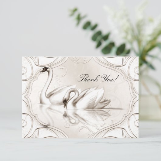 Dank U Elegante Trouw Cream Witte Zwanen Set Bedankkaart (Staand voorkant)