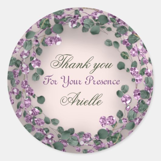 Dank u Eucalyptus Verjaardag Paarse GROENE Poeder Ronde Sticker (Voorkant)