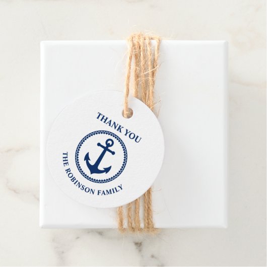 Dank u familienaam nautische Zee Anker Navy Bedankjes Labels (In situ)
