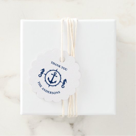 Dank u familienaam Seahorse Anker Navy Blue Bedankjes Labels (In situ)