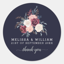 Dank u Floral Bourgondië bruiloft marine Ronde Sticker