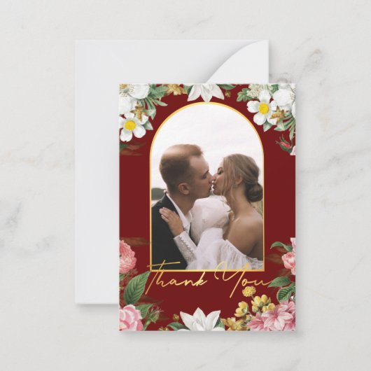dank u , floral bruiloft foto goudvork rood notitiekaartje (Voorkant)