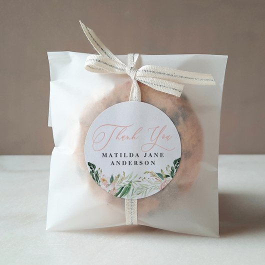 Dank u foto blush bloesem geboorte aankondiging ronde sticker