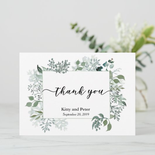 Dank u Foto Bruiloft Bladeren Groen Modern Bedankkaart (Staand voorkant)