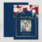 Dank u Foto Bruiloft Bloemenmarine Bourgondië Goud Bedankkaart (Voorkant / Achterkant)