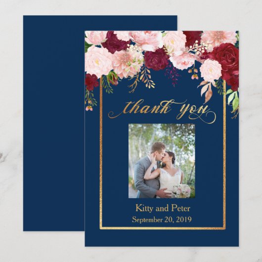 Dank u Foto Bruiloft Bloemenmarine Bourgondië Goud Bedankkaart (Voorkant / Achterkant)