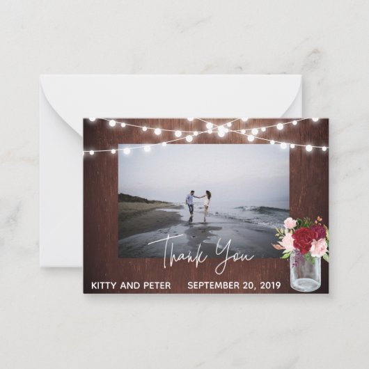Dank u Foto Bruiloft Hout Bourgondië Mason Jar Notitiekaartje (Voorkant)