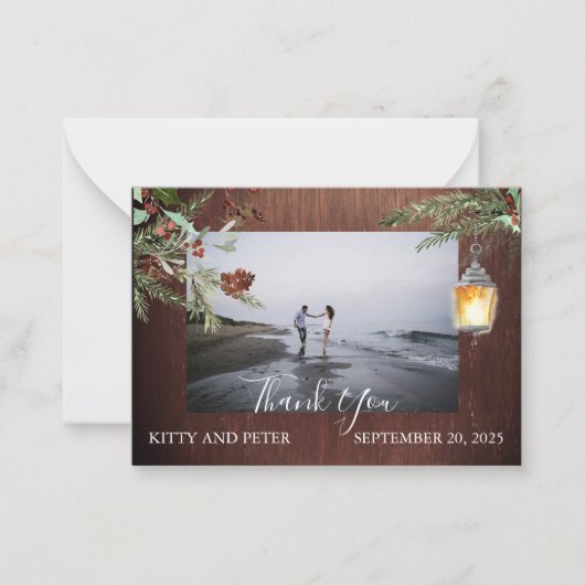 Dank u Foto Bruiloft Hout Winter Kerstmis Notitiekaartje (Voorkant)