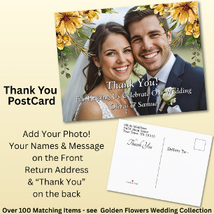 Dank u - Foto met gouden bloemen Wedding Set Aankondigingskaart