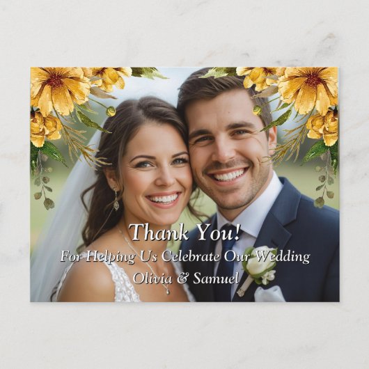 Dank u - Foto met gouden bloemen Wedding Set Aankondigingskaart (Voorkant)