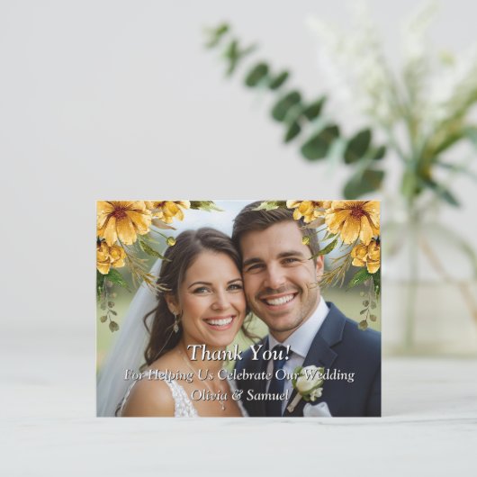 Dank u - Foto met gouden bloemen Wedding Set Aankondigingskaart (Staand voorkant)