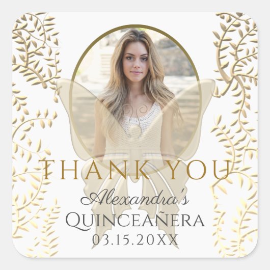 Dank u, foto Quinceanera Gold Vierkante Sticker (Voorkant)