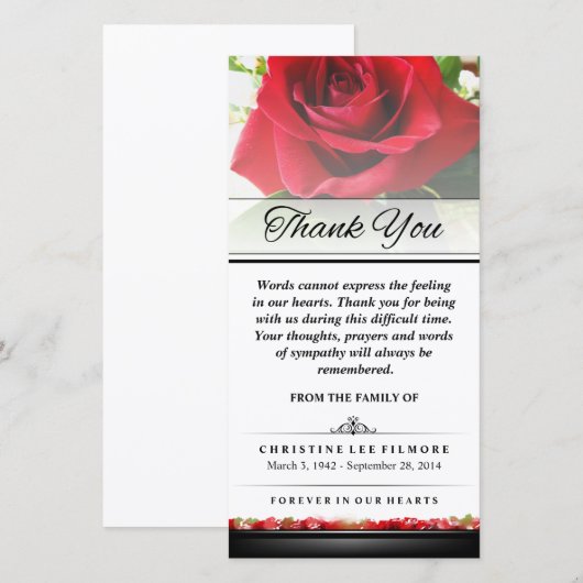 Dank u Funeral Red Rose - woorden kunnen niet word Bedankkaart (Voorkant / Achterkant)