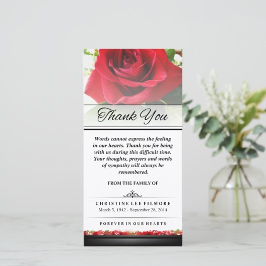 Dank u Funeral Red Rose - woorden kunnen niet word Bedankkaart (Staand voorkant)