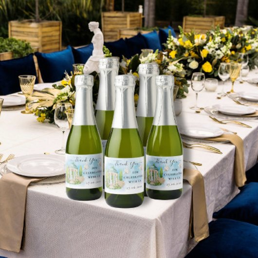 Dank U Gazebo bloemen duiven bruiloft Luxe Gift Sparkling Wijnetiket