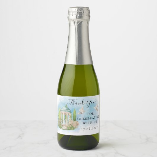 Dank U Gazebo bloemen duiven bruiloft Luxe Gift Sparkling Wijnetiket (Voorkant)
