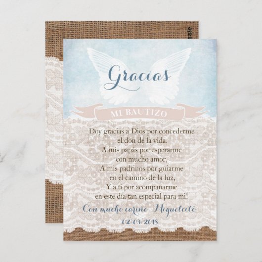 Dank u gebedskaart in het Spaans, jongedoop Briefkaart (Voorkant / Achterkant)