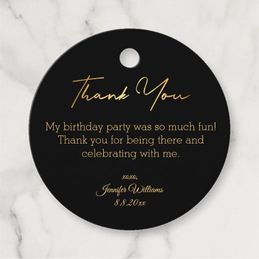 Dank u Gelukkige Verjaardag Zwart Gouden Luxe Bedankjes Labels (Voorkant)