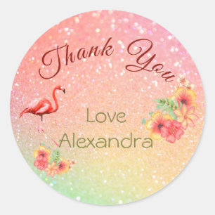 Dank u Glitter Flamingo Tropical Floral Ronde Sticker