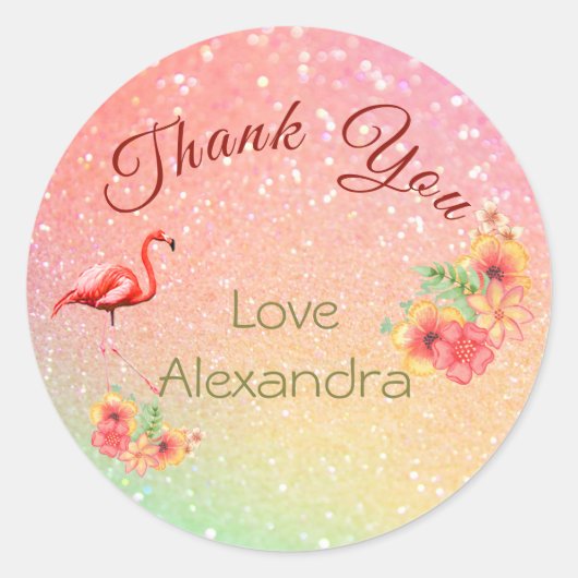 Dank u Glitter Flamingo Tropical Floral Ronde Sticker (Voorkant)