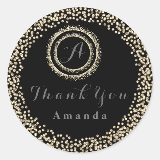 Dank U Glitter Monogram 16e Zwart Goud Bruids Ronde Sticker (Voorkant)