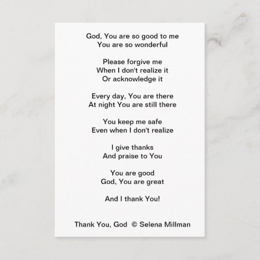 "Dank u, God" gedicht Informatiekaartje (Voorkant)