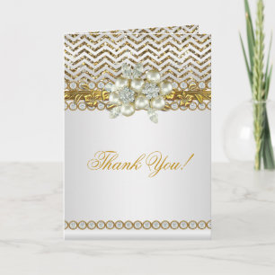 Dank U Goud Chevron Witte Diamant Parel Bedankkaart