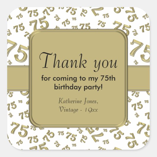 Dank u: Goud en Wit 75ste Verjaardagsfeestje Vierkante Sticker (Voorkant)