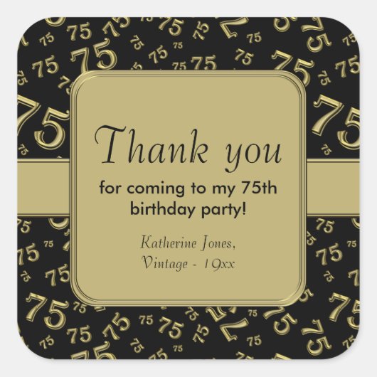 Dank u: Goud en zwart 75ste Verjaardagsfeestje Vierkante Sticker (Voorkant)