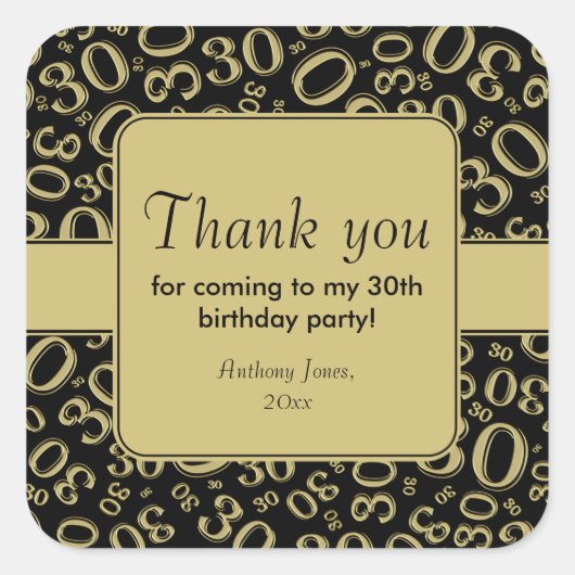 Dank u: Goud/Zwart 30ste Verjaardagspatroon Vierkante Sticker (Voorkant)