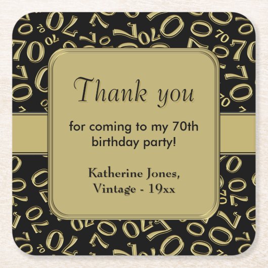 Dank u: Goud/Zwart 70ste Willekeurige Getal Patroo Kartonnen Onderzetters (Voorkant)
