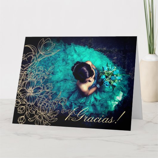 Dank U Gouden Bloemenscroll Foto-overlay Kaart (Voorkant)