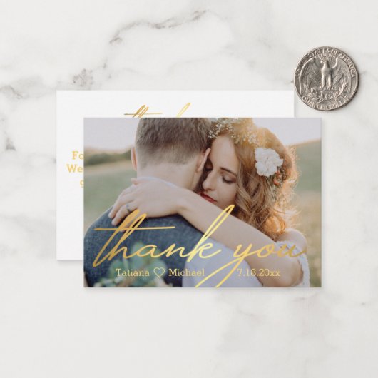 Dank u, gouden handschrift bruiloft foto notitiekaartje (Voorkant / Achterkant in situ)