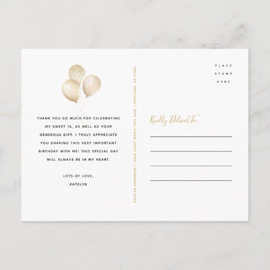 Dank u Gouden Luxe Lief 16 Verjaardagsballonnen Briefkaart (Achterkant)