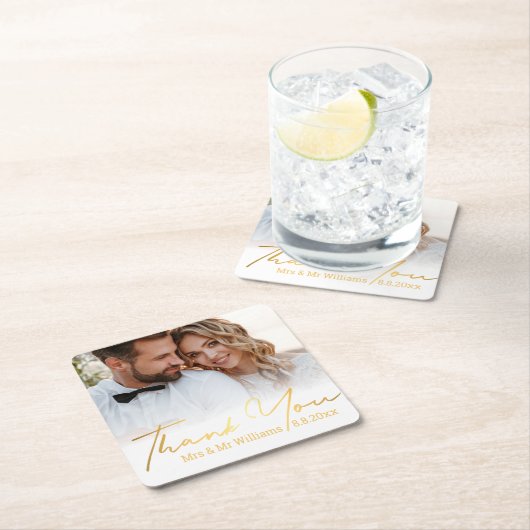 Dank u, gouden script trouwfoto mevrouw kartonnen onderzetters (Insitu)