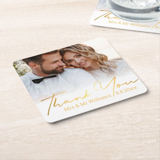 Dank u, gouden script trouwfoto mevrouw kartonnen onderzetters (Schuin)