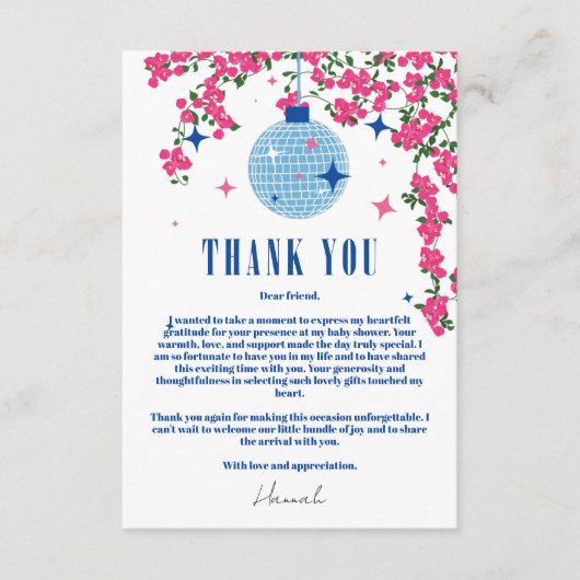 Dank u Grieks Bougainvillea disco baby shower Informatiekaartje (Voorkant)